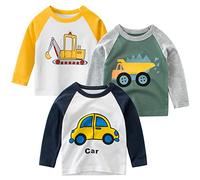 SUPFANS Confezione da 3 magliette a maniche lunghe per bambini piccoli maschi, 100% cotone, motivo: dinosauri, escavatore, auto della polizia, Set B., 4 anni