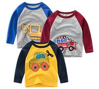 SUPFANS Confezione da 3 T-shirt a Maniche Lunghe per Bambini con Escavatore 100% Cotone Top Basic Camicia con Auto, 3 anni
