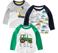 SUPFANS Magliette a maniche lunghe per bambini, ragazzi, 100% cotone, con dinosauri, escavatori, camion della polizia, confezione da 3, 3 anni