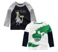 SUPFANS T-shirt a maniche lunghe per bambini in cotone T-Rex con dinosauri, confezione multipla, Set-02-Confezione da 2, 5-6 Anni