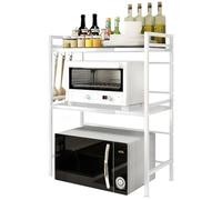 Supfine Scaffale a microonde a 3 livelli, in acciaio al carbonio, allungabile e regolabile in altezza, cucina, con 4 ganci, 40-64x36.5x78 cm, rettangolare, bianco