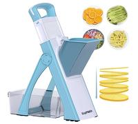 SupMaKin, Mandolina affettatrice Plus con ampia apertura, per cucina, per verdure, patate, spessore regolabile, taglio a julienne e a cubetti, per realizzare insalate (colore blu e bianco)