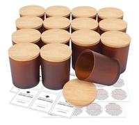 SUPMIND Confezione da 15 barattoli vuoti in vetro per candele, 200 ml, con coperchio in bambù ed etichette adesive, colore marrone opaco, per realizzare candele, contenitori per candele, lavabili in