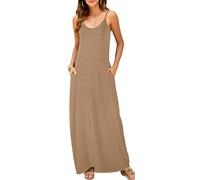 Supnier Maxi abito estivo da donna, casual, con scollo a V, senza maniche, stile bohémien, con spalline sottili, floreale, con tasche, Cachi, L