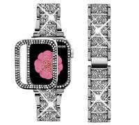 Supoix Compatibile con Apple Watch Band 45 mm + custodia, gioielli da donna Bling Diamond Metal Strap & Confezione da 2 pellicole protettive per schermo per iWatch Serie 8/7 (nero)
