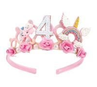 SuPoo Cerchietto per 4° compleanno, corona di compleanno con unicorno e fiore, per ragazze, tiara, decorazione per 4° compleanno, per ragazze, graziosa decorazione per feste di compleanno di 4 anni