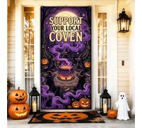 Support Your Local Coven - Copri porta con citazione a forma di calderone | Stregoneria, Sfondo porta d'ingresso, sfondo luna piena, gatti neri, calderone gorgogliante, illustrazione fantasiosa