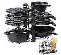 Supporto 2 in 1 in metallo nero per pentole, padelle e coperchi.