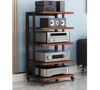 Supporto audio a 5 livelli con ruote, elegante armadio aperto per apparecchiature AV, rack stereo bianco e noce, torre angolare salvaspazio per l'archiviazione home theater