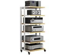 Supporto audio a 6 ripiani AV - moderno rack con ruote dei freni, armadio multimediale dal design aperto per componenti audio/video, elegante torre stereo angolare in bianco e noce.