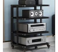 Supporto audio HiFi a 5 livelli con ruote, armadietto multimediale bianco e noce per componenti AV, rack stereo e torre audio ad angolo per apparecchiature home theater