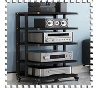 Supporto audio HiFi a 6 livelli con ruote, armadietto AV nero e teak per archiviazione multimediale, organizer per componenti stereo, rack angolare per home theater e configurazione audio