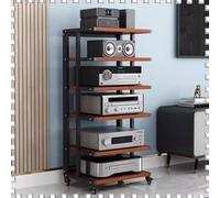 Supporto audio HiFi a 6 livelli con ruote di bloccaggio, mobiletto AV nero e teak per archiviazione multimediale e componenti stereo, elegante scaffale angolare per una configurazione organizzata