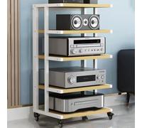 Supporto audio HiFi a 6 livelli con ruote, mobile AV nero e teak per archiviazione stereo e multimediale, design ad angolo per organizzazione audio aperta e intrattenimento domestico