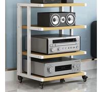 Supporto audio HiFi a 6 livelli con ruote - Mobile di archiviazione multimediale per componenti stereo, finitura nera e teak, design ad angolo per un'organizzazione audio aperta e una facile mobilità