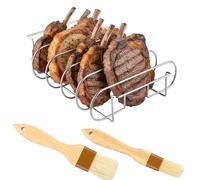 Supporto Bistecche e Costine in Acciaio Inox, Cestello per BBQ Rib Rack, Supporto per Arrosto Bistecca, Spareribs Halter Grill, Telaio Griglia Barbecue 2 in 1 con 2 Penne
