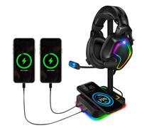 Supporto Cuffie con Caricatore Wireless Supporto Cuffie Gaming con Pad di Carica QI 10W/7.5W e 2 Porte USB