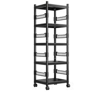 Supporto da cucina a 5 ripiani con ruote e guardrail, ripiani regolabili in altezza, carrello portaoggetti autoportante per dormitorio, nero