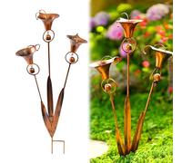 Supporto da Giardino con Tre Calla Lilies in Metallo, Decorazione Rustica con Campane e Cattura Pioggia, Handmade da 60cm per Esterni, Giardino, Patio, Sentiero, Andrò a Decorare il Cortile