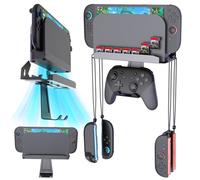 Supporto da parete compatibile con Switch 2/Switch OLED, organizer in metallo per console, dock, giochi, con ventilazione migliorata e protezione Eva, incluso materiale di montaggio, salvaspazio ed