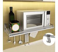 Supporto da parete in acciaio inox per microonde con 5 ganci, cucina salvaspazio per una conservazione efficiente e un facile accesso.