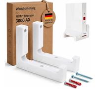 Supporto da parete per AVM Fritz!Repeater 3000 AX, supporto su misura per montaggio a parete e soffitto, connessioni e ventilazione rimangono libere, viti e tasselli, prodotto in Germania, bianco