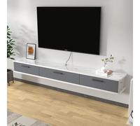 Supporto da parete per TV galleggiante, console TV lunga con porta a ribalta e contenitore, elegante mobile TV a parete per soggiorno, a righe grigie, 120 x 22 x 20 cm