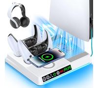 Supporto di Raffreddamento per PS5/Slim/Pro, Caricatore Controller PS5 con Caricatore Wireless, Supporto PS5 con Ventola PS5 a 3 Velocità & 9 Illuminazione RGB, Accessori di PS 5 con Gancio per Cuffie