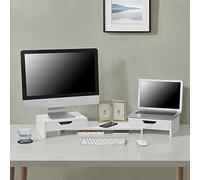 Supporto di Rialzo Monitor/PC Portatile Base per 2 Schermi Stand per Scrivania con Cassetti Portaoggetti - Bianco