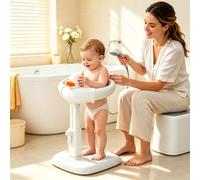 Supporto Doccia Bambini in Piedi con Bracciolo Semiautomatico, Altezza Regolabile 45-63 Cm, Sedile Doccia Antiscivolo, Schienale Ergonomico, Base Stabile, Include Papera Squittente (Grigio-Bianco)