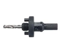 Supporto e punta guida per corone HSS-bimetallo: precisione nella perforazione, compatibile con vari strumenti, ideale per lavori in metallo e legno.