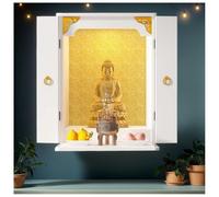 Supporto in legno Pooja con porta, mensola da parete con luce LED, mensola di dio per casa e ufficio