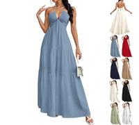 Supporto Maxi Dresses for Women Summer Deep V Neck Backless Bow Tie Back Tiered Boho Flowy Beach Vacation Dresses 2026, Blu, XL