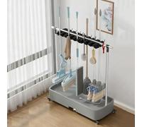 Supporto mobile per scopa e mocio, scolapiatti con ruote universali, carrello portautensili per la pulizia da pavimento, supporto per utensili con manico lungo