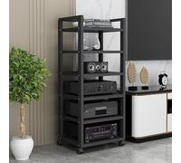 Supporto multimediale AV a 6 livelli Rack audio per l'archiviazione di componenti stereo di intrattenimento con supporto in legno regolabile in altezza, adatto a lettori DVD e console di gioco(Black)