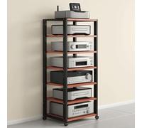 Supporto multimediale AV a 7 livelli, rack di stoccaggio for componenti stereo, torre rack audio, con ruote e ripiano in legno regolabile, capacità di peso di 550 libbre(A)