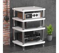 Supporto Multimediale AV Open Air Design, Moderno Scaffale Stereo In Legno Con Tappetino, Piccolo Centro Di Intrattenimento For Soggiorno, Sala Giochi, Studio Di Registrazione(White,4 Tier)