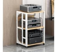 Supporto multimediale regolabile a 3 livelli, elegante armadietto audio/video bianco con ripiani aperti in legno per casa, ufficio e teatro, centro di intrattenimento multifunzionale