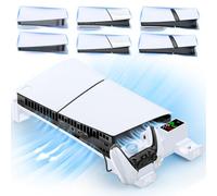 Supporto Orizzontale PS5/PS5 Slim/PS5 Pro con Ventola di Raffreddamento, Base Orizzontale per Playstation 5 con Stazione di Ricarica Controller DualSense e Edge, Accessori Orizzontale PS5, Bianco