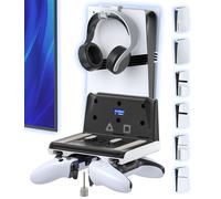 Supporto Parete PS5 per PS5/Slim/Pro Disc & Digital, Supporto Verticale PS5 Può Ospitare due Controller P5, Supporto Playstation 5 da Muro e Kit di Accessori, Base Verticale PS5 con Gancio per Cuffie