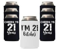 Supporto per 21° compleanno con scritta "I'M 21 Bitches Cheers To 21 Years Twenty First Can Coolie Holder 21° compleanno bomboniere Happy 21st Birthday Decorations Coolie Holder nero bianco Coolie