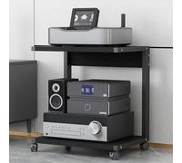 Supporto per altoparlanti HiFi, con rotelle, in legno, per stampante, 2 ripiani, per casa, ufficio e scuola (nero, 50 x 40 x 30 cm)
