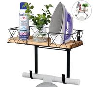 Supporto per asse da stiro, supporto per asse da stiro con cestino in legno e ganci regolabili, montato a parete, ideale per lavanderia, camera da letto, nero