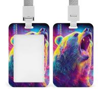 Supporto per badge identificativo con orso al neon ruggente, clip retrattile, protezione per carte di credito, nome, badge per lavoro, ufficio, dottore, infermiere