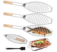 Supporto per barbecue con manico in legno, 3 pezzi, 63 x 12 cm, grande arrosto per pesce con manico in metallo, per barbecue e barbecue