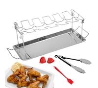 Supporto per barbecue per cosce di pollo - 12 spiedini con vassoio antigoccia, supporto per griglia con pennello per olio e pinza