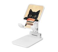 Supporto per cellulare pieghevole vintage con gatto nero che mangia sushi ad angolo regolabile in altezza supporto per cellulare portatile da tavolo compatibile con tutti gli smartphone bianco