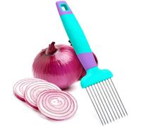 Supporto per cipolle per affettare con manico lungo, ago in acciaio inox per affettare e conservare avocado, limone, patate, pomodori, carote, uova e altre verdure, utensile da cucina (blu)