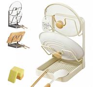 Supporto per Coperchi e Pentole da Cucina, Multifunzionale, in Acciaio Inossidabile 304, con Vassoio Raccogligocce Rimovibile, Ideale per Riporre Coperchi, Mestoli e Utensili(Beige double-layer)