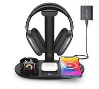Supporto per cuffie con caricabatterie wireless da 15 W, stazione di ricarica Suguder 4 in 1, supporto per cuffie per AirPods Max/Pro/4/3/2 iWatch 10/9/8/7/6/5/4/3/2/1/SE iPhone 17/16/15/14/13/12/11/X